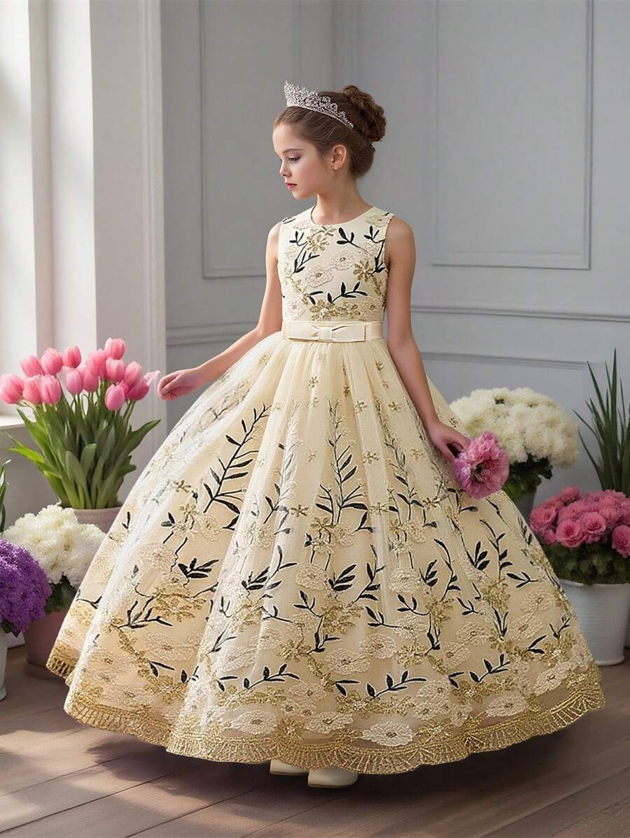 Vestido de gala largo con malla y decoración de flores para niñas preadolescentes, vestido de fiesta elegante para presentaciones escolares, banquetes, sin incluir tocado