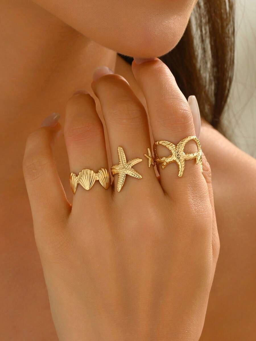Set de 3 piezas de anillos con estilo europeo y americano de conchas marinas con aberturas ajustables en forma de estrella de mar, adecuados para vacaciones al aire libre de mujeres y uso en moda de nicho