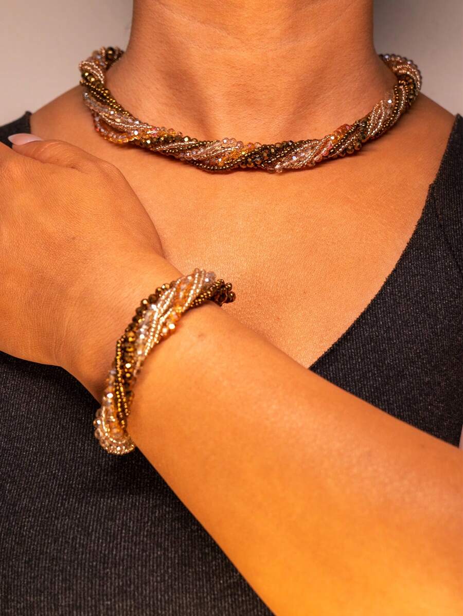 Esbbela 2pcs Luxurious Multi-Layer Acrylic Crystal Necklace And Bracelet Set For Women, Reversible, Black, Red, Champagne, Green, Dark Brown, Blue, Purple, Suitable For Daily Wear, Parties, Engagement, Wedding, Holidays, Birthday Gifts