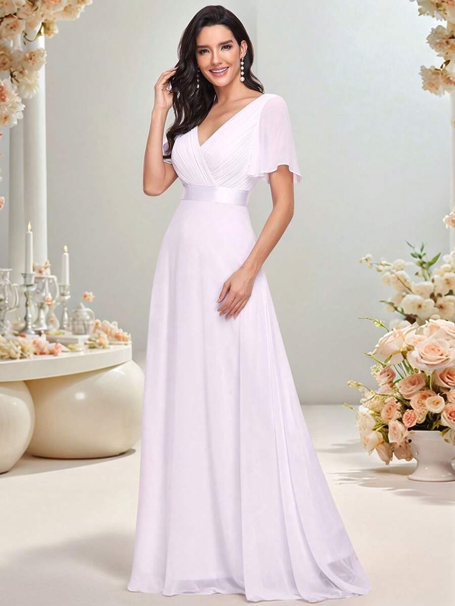 EVER-PRETTY Elegantes Brautkleid mit gerafftem Oberteil, Schleifentaille und Chiffon, weiß, Brautparty Kleid, Abendkleid, Braut