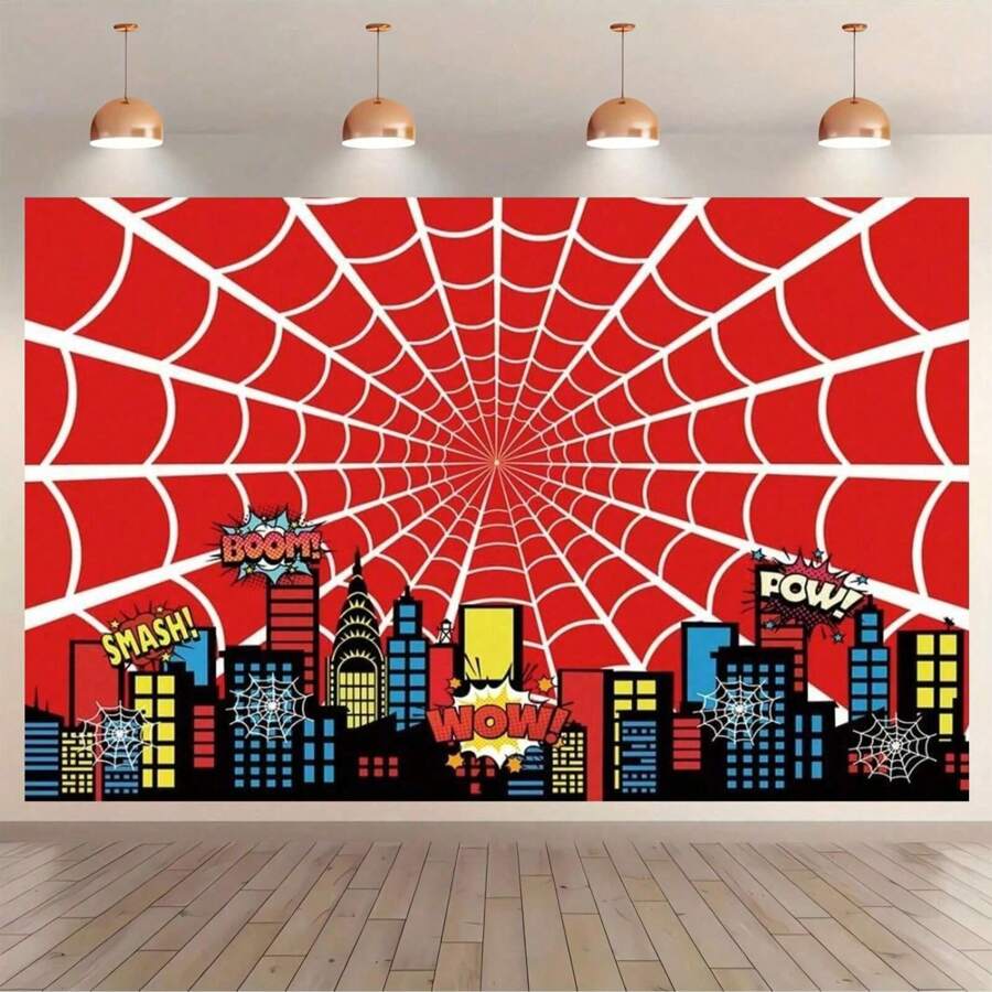 1pc Red Spider Web Party Backdrop Banner, Cartoon City Superhero Cityscape Photography Background, Suitable For Birthday Party Decoration, Cake Table Decoration, Photo Booth Props,Versatile, Multi-Size.