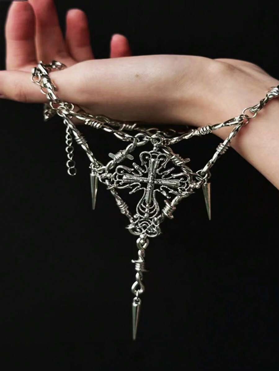 1pc Punk Rock Multilayer Metal Chain Necklace With Thorny Cross Pendant, Suitable For Festivals, Parties, Special Occasions, Halloween, Women Accessories, Gifts, All Seasons