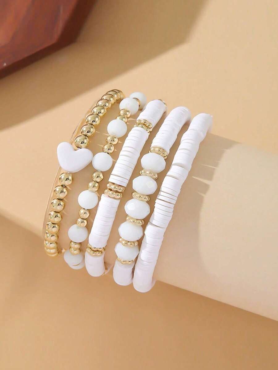 5 piezas/set de pulseras de arcilla suave con cuentas en forma de corazón, adecuado para uso diario, fiestas y vacaciones