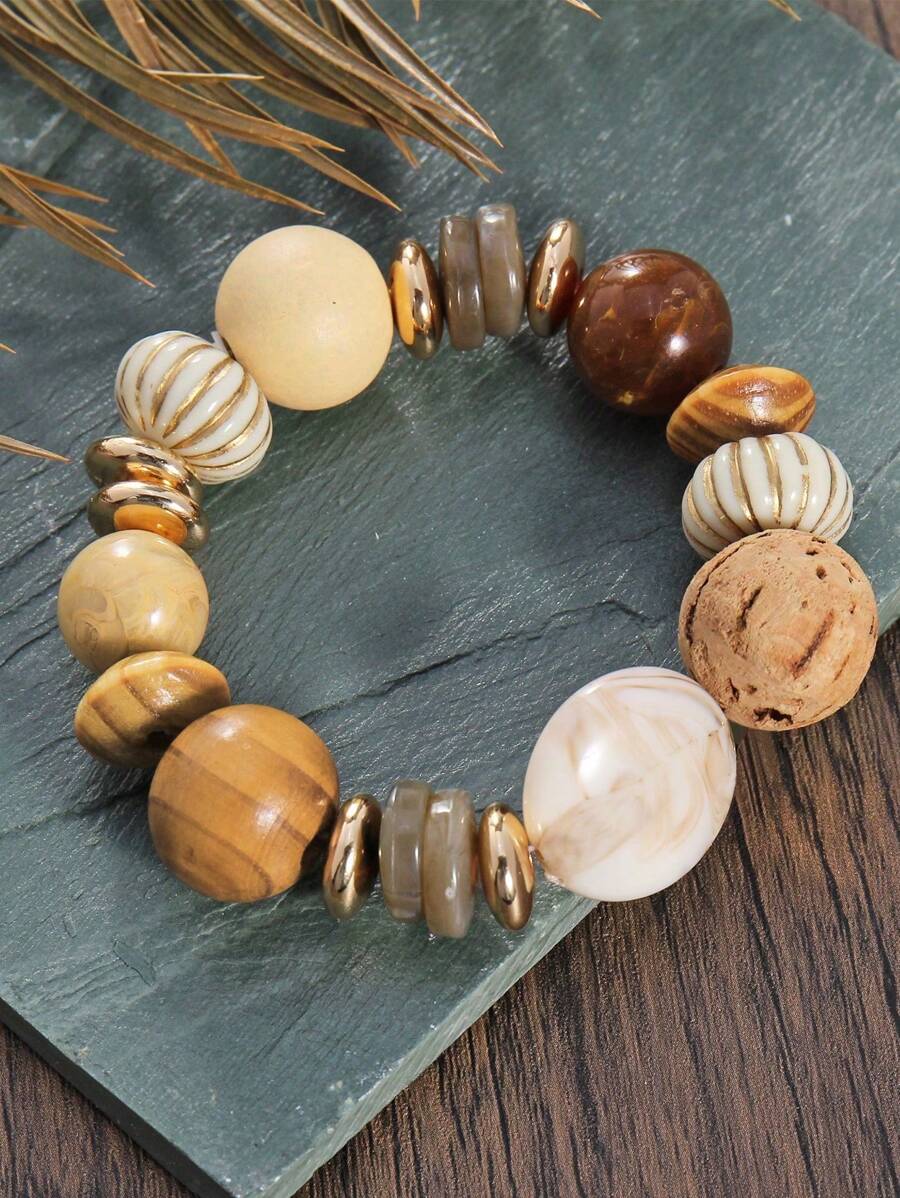 1 pieza Brazalete/Muñequera de cuentas de madera retro mixtas, apto para uso diario o vacaciones en la playa de mujeres
