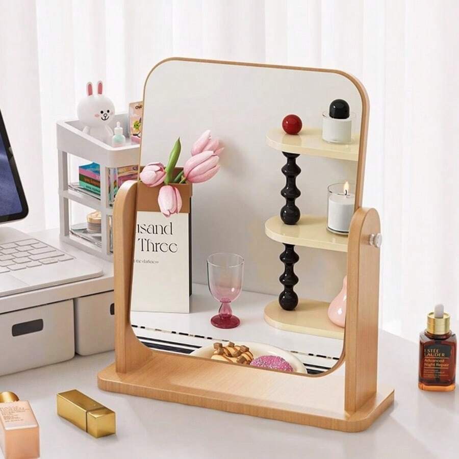 1pc 360° Rotatable Makeup Mirror, Portable Elegant Wooden Countertop Vanity Mirror With High-Definition Glass, Rectangle Stand Up Table Decorative Mirrors For Living Room Bedroom Study Office Home Decor, Holiday Gift