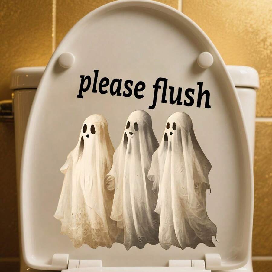 1/2 Stücke Halloween Geist Toilettenaufkleber - Wasserfest, selbstklebender dekorativer Badezimmeraufkleber, lustiger "Bitte spülen" Hinweis, perfektes Feriengeschenk, Halloween Dekoration