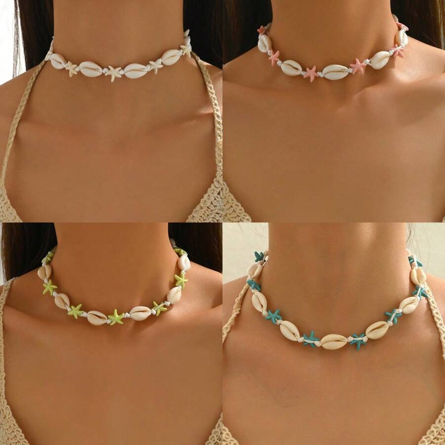 Collar tejido a mano con estrella de mar de la serie Natural de concha marina de estilo bohemio para mujer