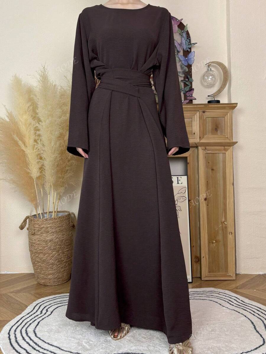1 pieza Vestido Jalabeya informal de unicolor con cordón para mujer, elegante para Eid Mubarak, uso en el hogar, citas, viajes, vacaciones, primavera/otoño