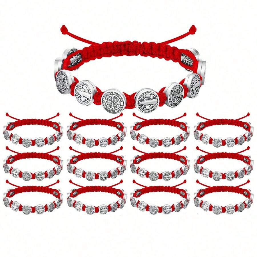 12 peças/pacote Pulseiras antigas de ouro San Benito, proteção, feitas à mão, cordão vermelho e preto, pulseiras de pulso Beneditinas, medalha ajustável, pulseira de rosário, sorte, benção da serenidade, pulseira da amizade para mulheres e homens