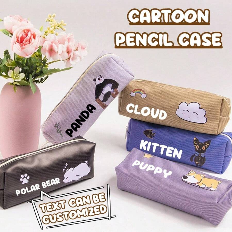 Estojo de lápis de desenho animado personalizado, estojo de lápis de desenho animado personalizado com texto personalizável, estojo neutro à prova d'água e resistente à sujeira, super grande capacidade, adequado como presente para estudantes, material escolar, volta às aulas