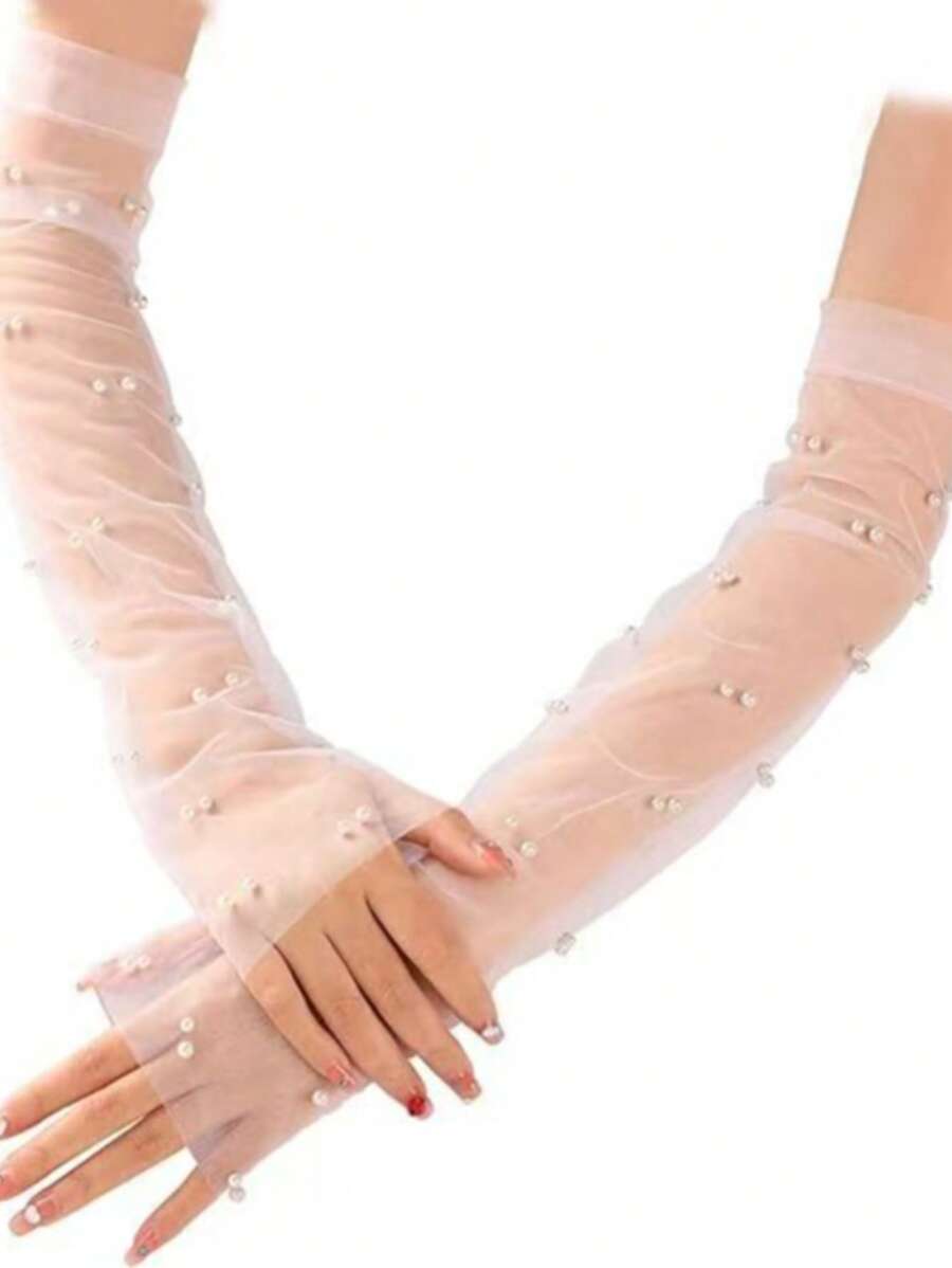 1 Paar elegante europäische und amerikanische Hochzeit Braut handgefertigte Perlenverzierte Armlinge, glänzendes einfarbig lässiges und sexy Polyester, geeignet für Frühling, Sommer, Herbst, Geburtstagsfest