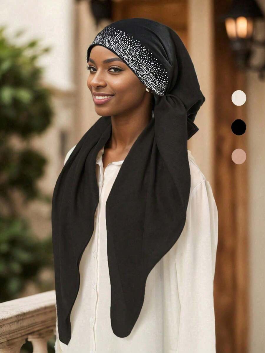 1 Stück Damen Einfarbiger Kopftuch mit vielen Strass, modischer atmungsaktiver Kopfschal, Lässig & Elegant Kopftuch geeignet für den täglichen Gebrauch & vielseitig