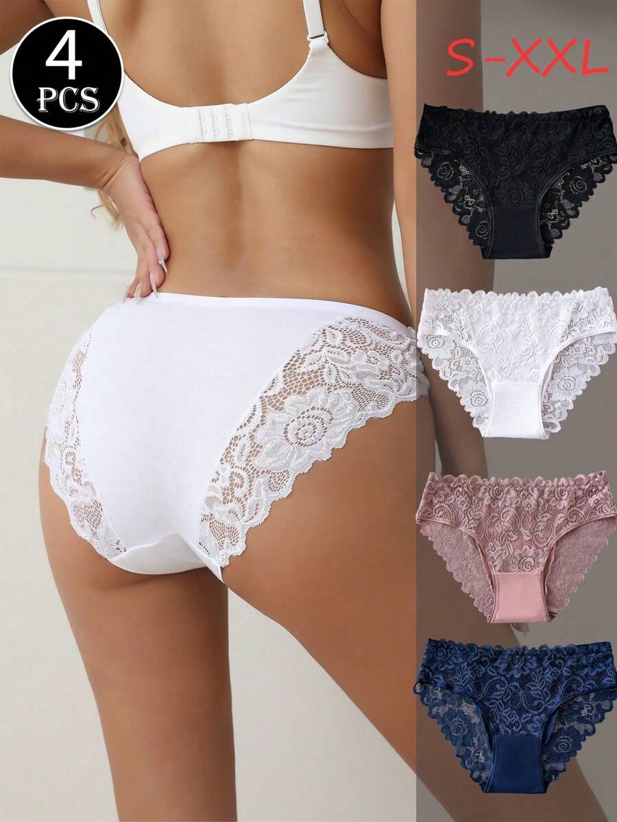 4 Packs Women's Underwear - Floral Lace Seamless Panties, Stretchy & Comfortable, Breathable Delicate Lace Design, Mid-Rise Basic Briefs For Daily Wear