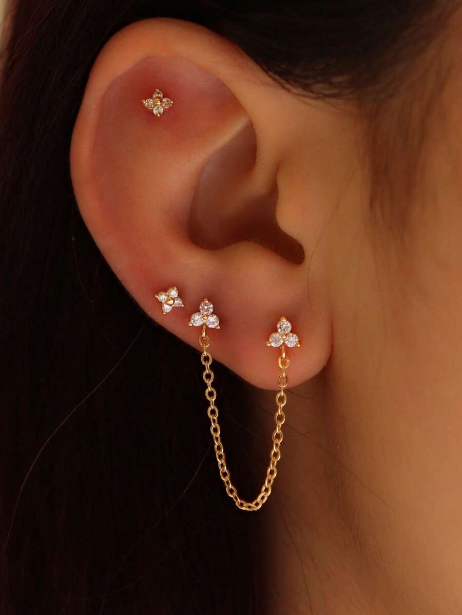 3 pièces/set de boucles d'oreilles délicates avec chaîne en zircone cubique, clip ou percées, convenant pour le port quotidien, les fêtes et événements (la quantité par emballage est seulement pour une oreille)