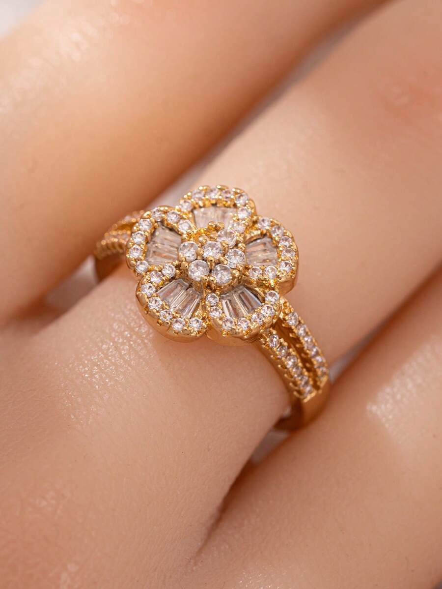 1 Anello in rame di lusso con micro-incrostazione di zirconia a forma di petalo, gioiello raffinato adatto per teenager, regalo ideale per amici, studenti per compleanni, feste, anniversari