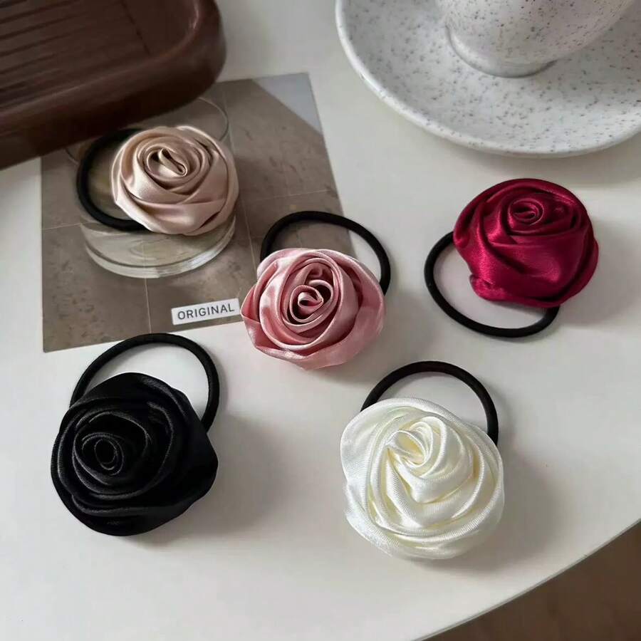 5pcs It's Back-To-School Season! Simple Satin Elegant Rose Hair Tie High Bouncy Hair Tie