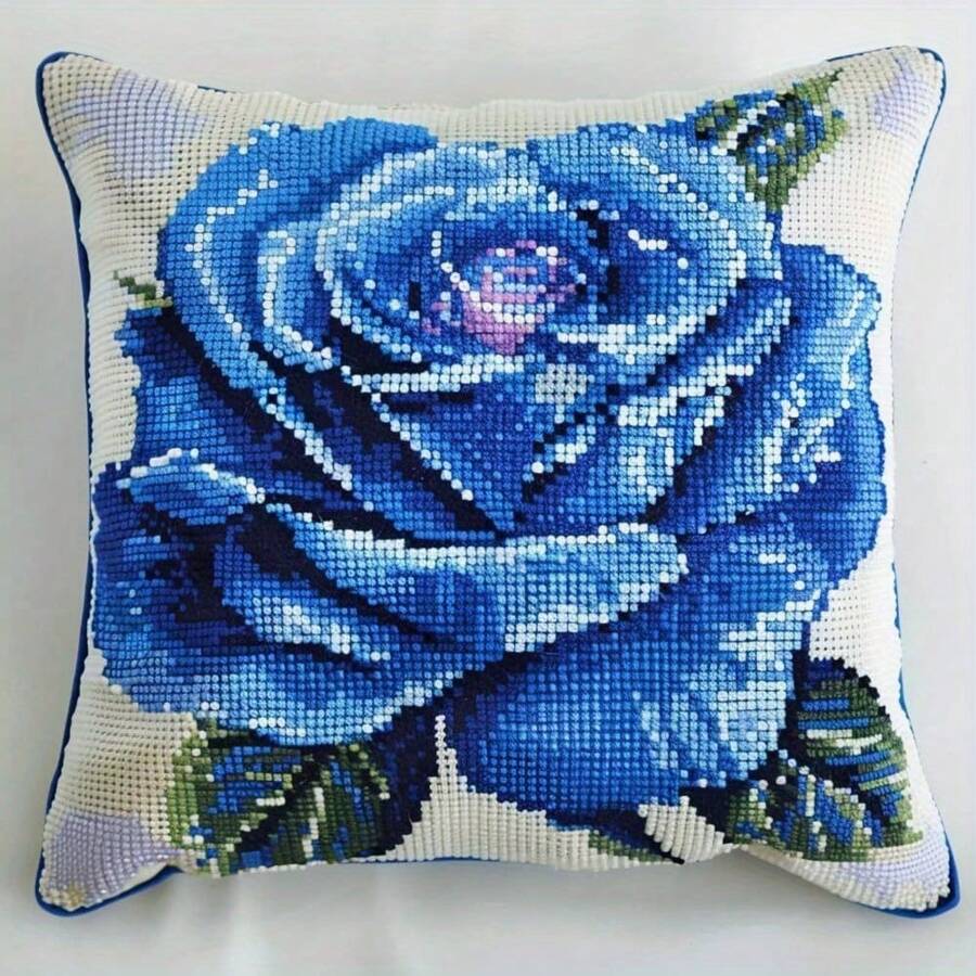 Hook Latch Kit, 3D Pillow Material Package With Pink Blue Flower, Embroidery Kits With Latch Hook, DIY Rug Cushion, Crochet Pillowcase For Ho 43x43cm