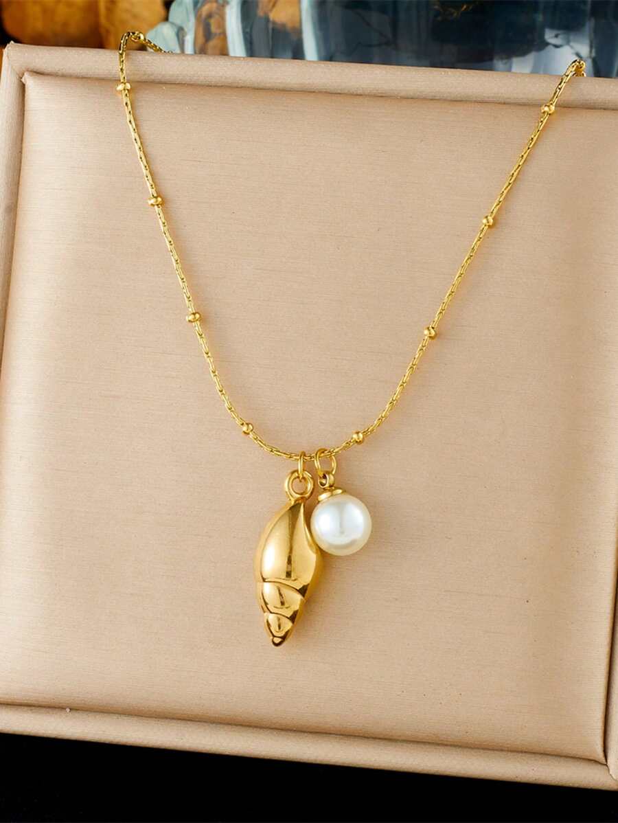 1 Piece Of Fashionable, Simple And Versatile Gold-Plated Smooth Surface Conch Faux Pearl Accessory Pendant Chain Stainless Steel Jewelry Necklace