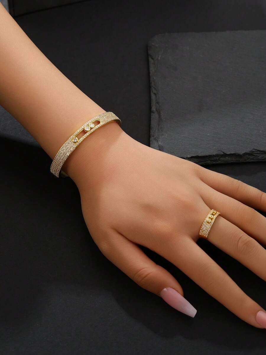 1 Conjunto com 2 Peças Pulseira e Anel com Zircônia no Estilo Euro-Americano, Design de Contas Redondas Deslizantes Dinâmico, Jóias para Uso Diário Feminino, Presente