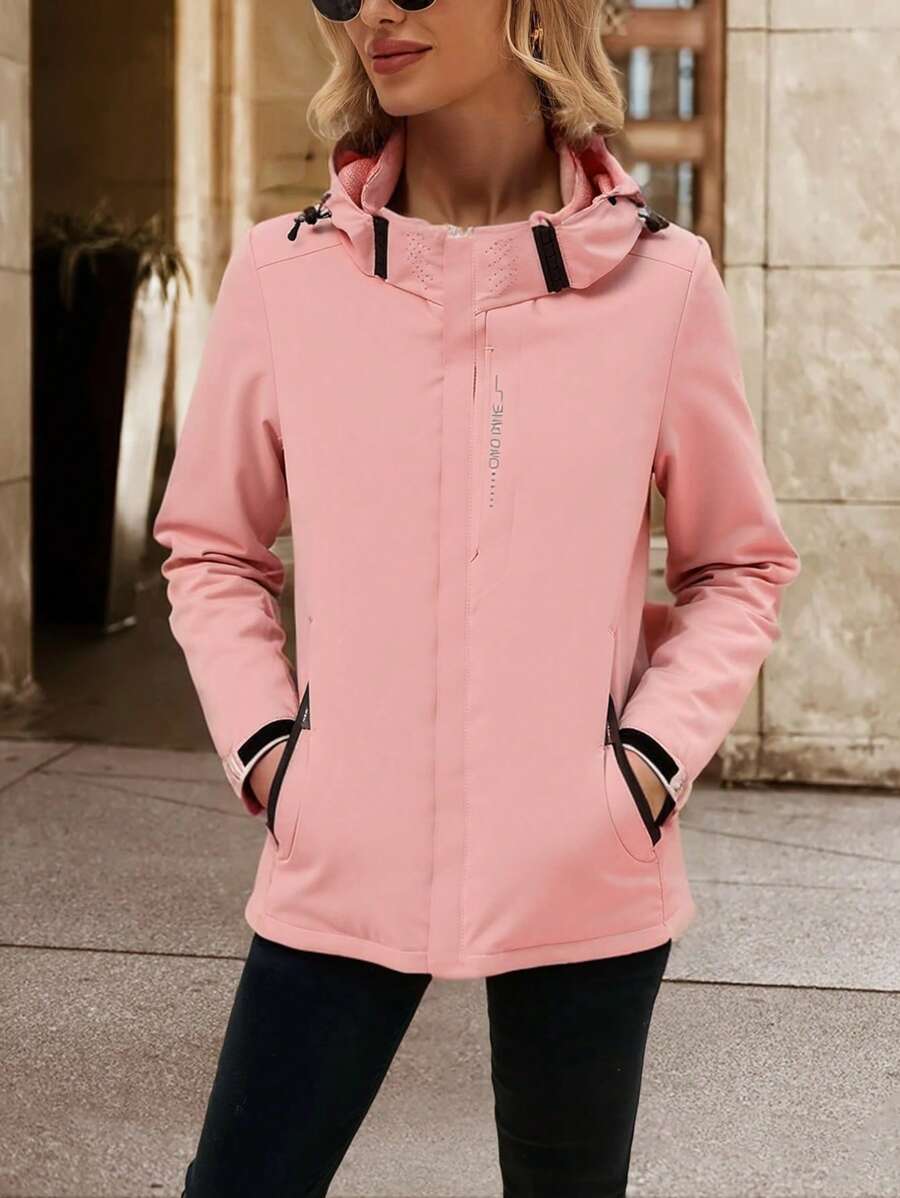 1pc Women Casual Hooded Jacket With Drawstring And Zipper Pockets, Machine Washable, Solid Color, Spring/Autumn