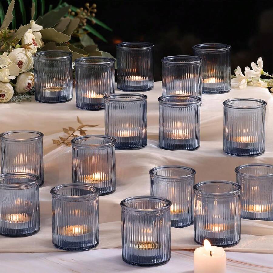 6Pcs Ribbed Blue Votive Candle Holders, Tea Light Candle Holders For Table Centerpiece, Blue Candle Holders For Wedding Decor, Home And Holiday Decor