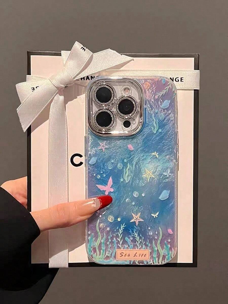 1 pieza Funda de teléfono con estilo tie-dye azul de mar y algas compatible con iPhone 16 ProMax, nueva cubierta protectora de teléfono sin marco y diseño de niña compatible con iPhone 15pro, 13, 14 Plus