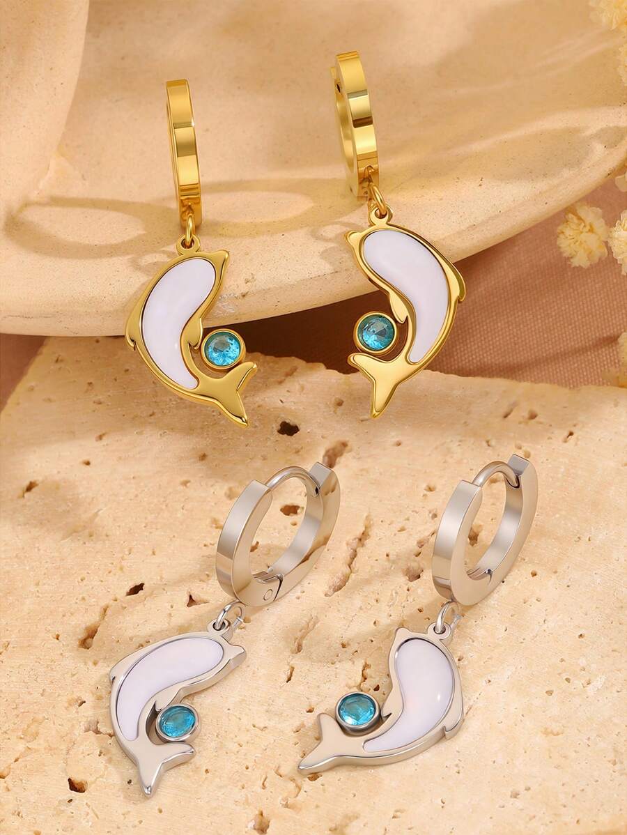 2pcs Exquisite Multi-Color Stainless Steel Earring Set With Unique Design, Cute Dolphin Ocean Elements, Fashionable And Cool, Suitable For Parties, Jewelry Accessories And Gifts