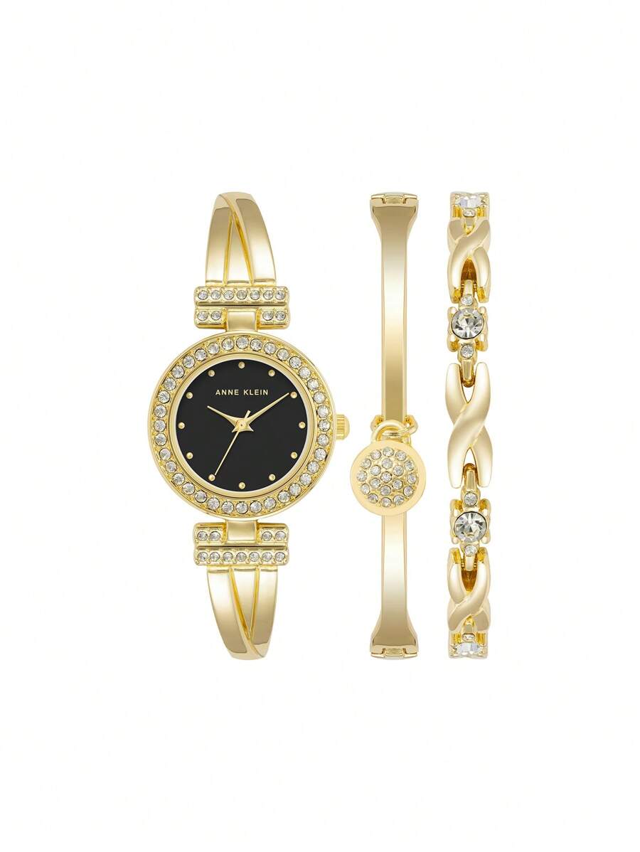 Anne Klein Reloj de pulsera y brazalete con detalles de cristal en tono dorado para mujer con esfera negra brillante. Elegante reloj de pulsera de cuarzo para mujer con brazalete ajustable.