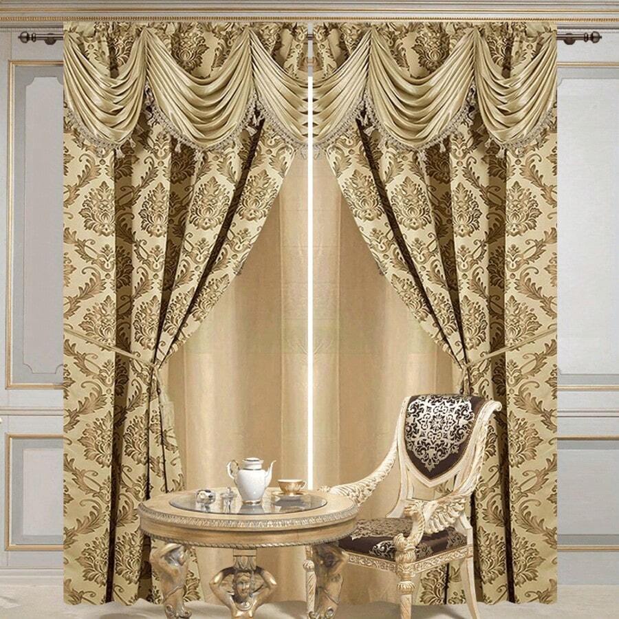 2pcs European Luxury Brown Printed Curtains - Semi-Sheer Polyester, Rod Pocket, Machine Washable, Bohemian Style With Golden Floral Pattern For Living Room, Kitchen, Bedroom & Office Decor, Curtains For Living Room