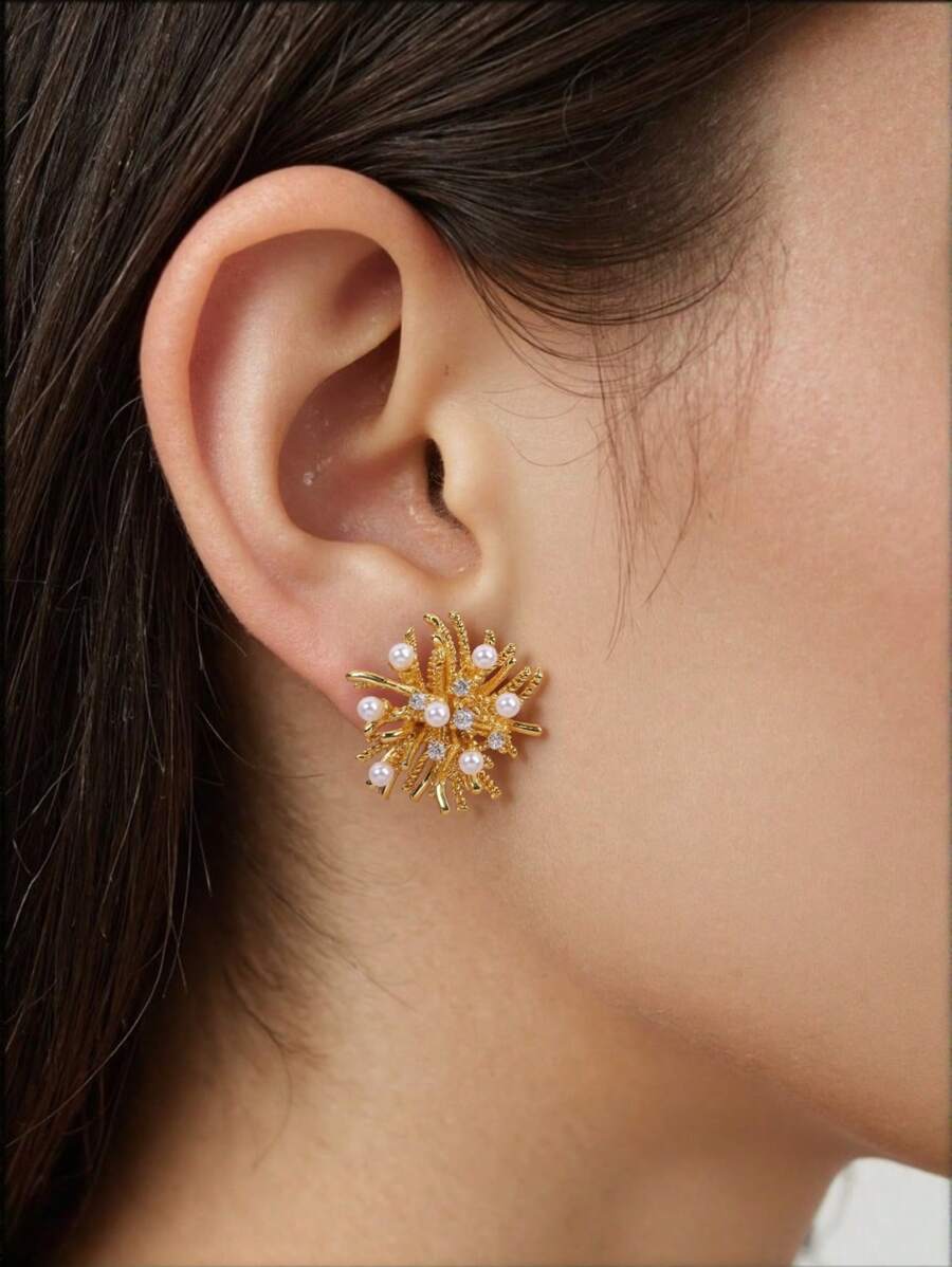 Pendientes de diseño de flor con perla y circonia en forma de copo de nieve, versátiles nuevos pendientes populares de joyería para mujeres