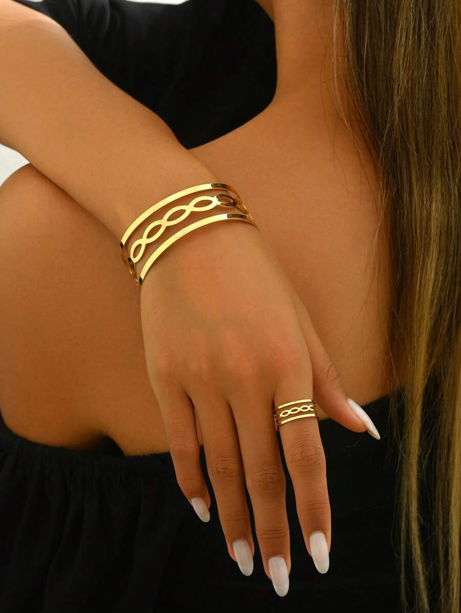 2pcs/Set Geometric Intersected Metal Effect Bangle Bracelet And Ring Set, Suitable For Daily Wear And Leisure Vacation