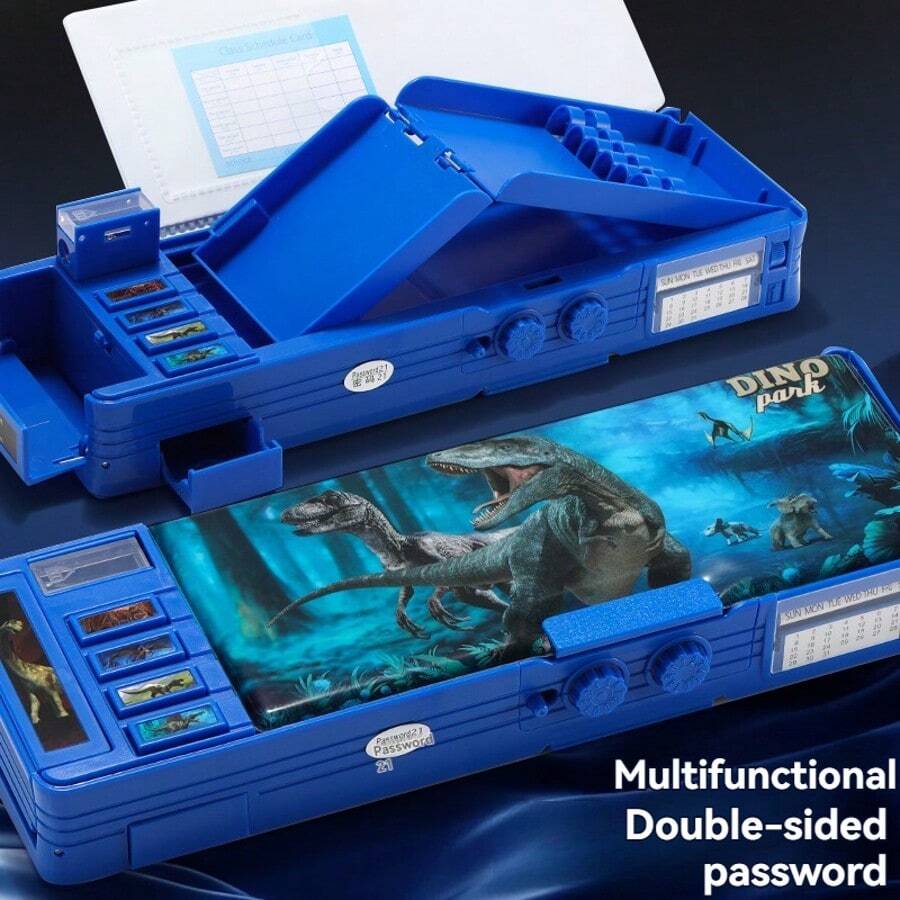Schreibwaren Box mit Passwortschloss, Tyrannosaurus Rex geformter doppelschichtiger Multifunktions-Stifteetui mit Knöpfen, große Kapazität & wasserbeständig, Schulmaterial Aufbewahrung, Schulmaterial, Rückkehr zur Schule
