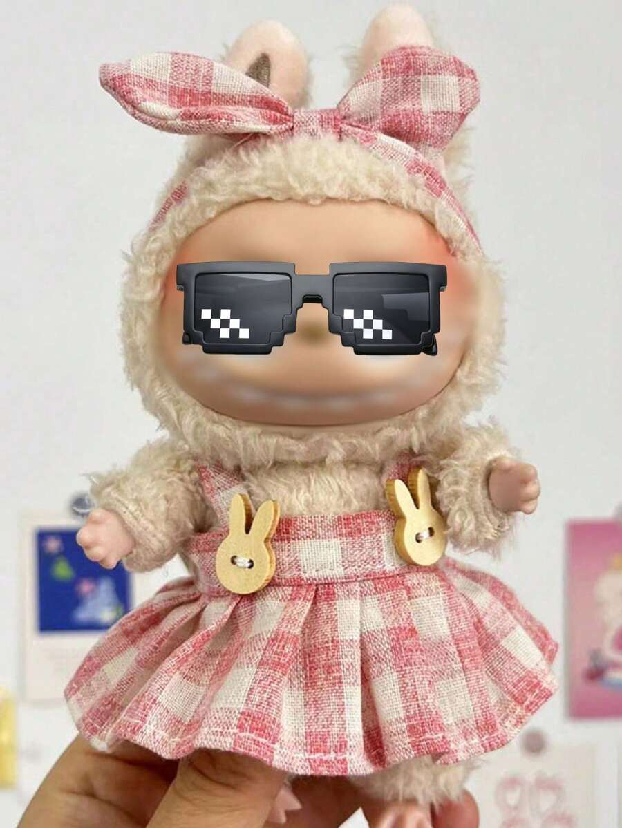 Clothes Only For Labubu 17cm Blind Box 1st/2nd Generation Hanging Charm Sitting Series Doll Outfit, Plaid Skirt And Headband Set