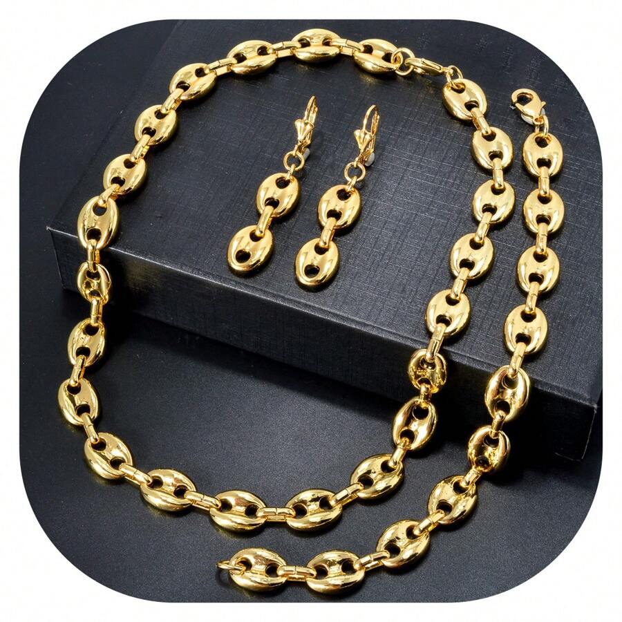 3pcs Personalized 18k Gold-Plated Copper Hip Hop Style Necklaces Bracelets Earrings Jewelry Sets Suitable For Women