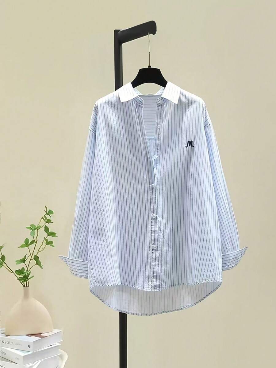 Women Drop Shoulder Striped Long Sleeve Letter Print Single-Breasted Casual Shirt