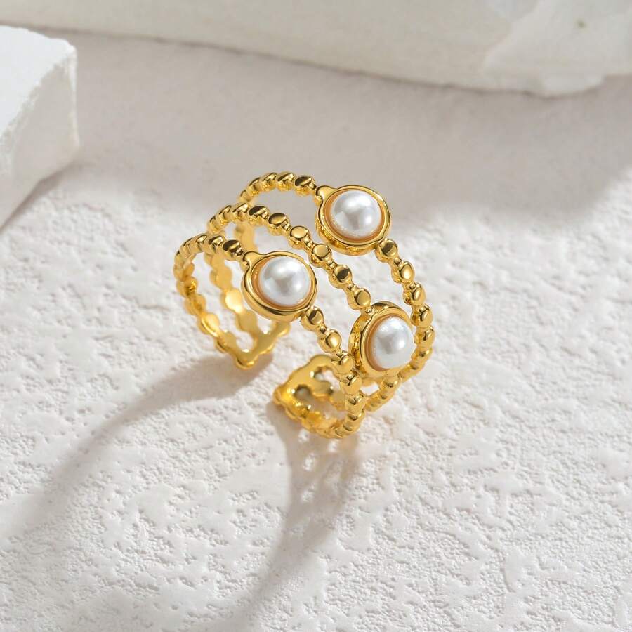 1pc Gold/Pink Stainless Steel & Natural Stone Women's Vacation Style Ring, Fashion Jewelry