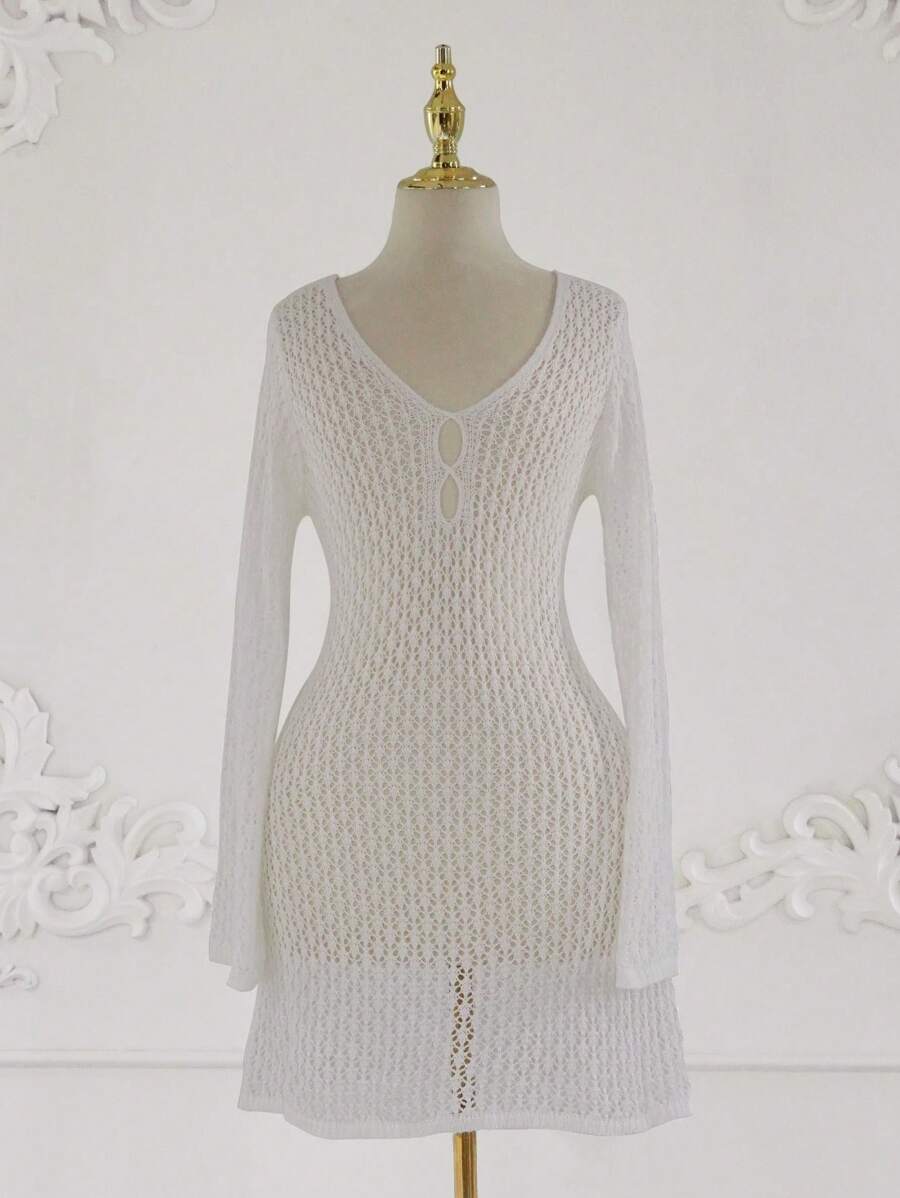Summer Beach Vacation Women Solid Color Sexy Knit Hollow Out Bikini Cover-Up Swimsuit Sunscreen