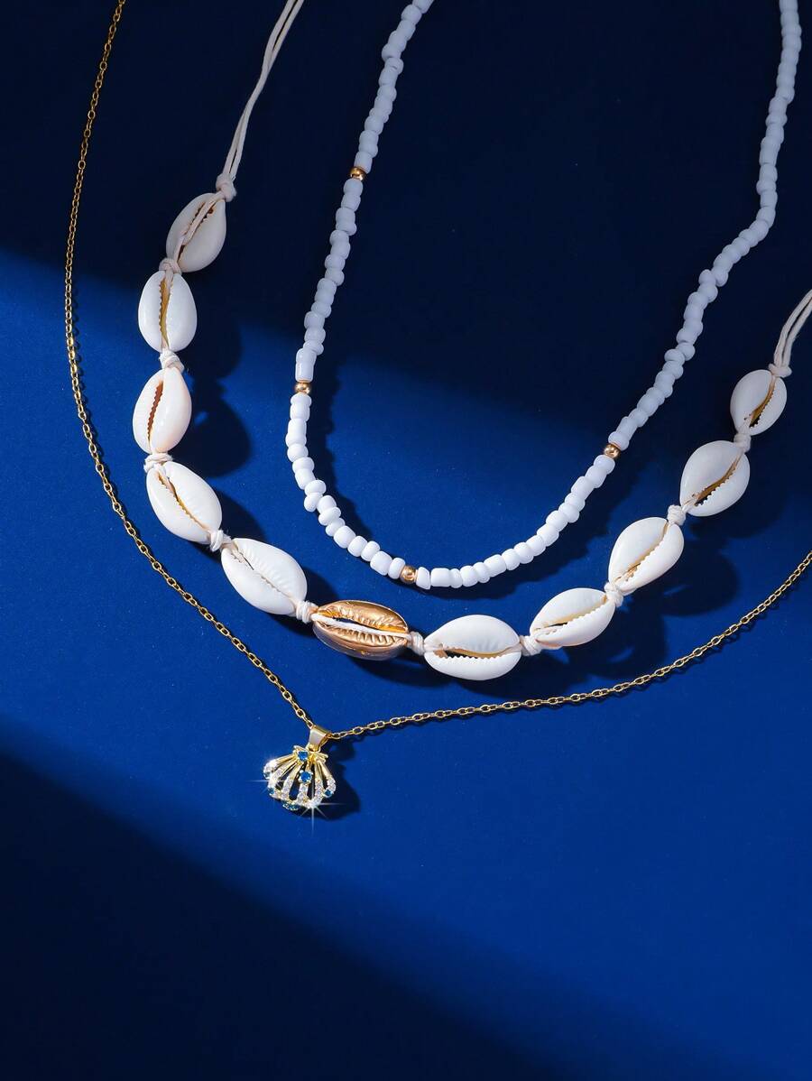 Set de 3 collares colgantes con criaturas marinas de estilo bohemio, serie de collares artesanales con cuentas y conchas marinas, adecuado como accesorio de moda para vacaciones y viajes de mujer