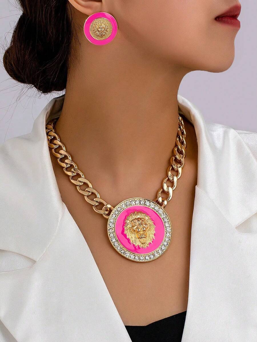 Set de 3 piezas (collar con colgante de cabeza de león y pendientes a juego) de estilo europeo americano elegante, apto para uso diario o fiestas de mujeres