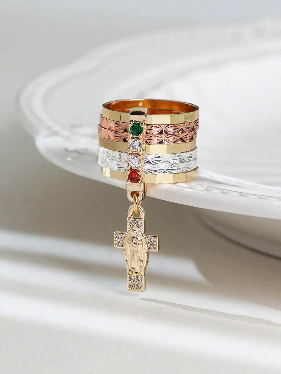 1pc Handmade Tri-Color Virgin Mary Semanario Layered Ring With Random Gemstone Colors Virgen De Guadalupe Anillo With Zirconia Cross Charm Suitable For Gifts, Friends, Daily & Holiday Wear