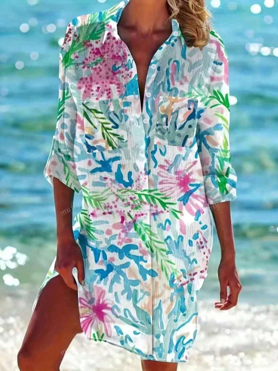 Women's Single-Breasted Tropical Floral Beach Cover-Up