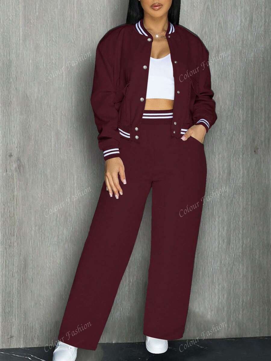 Jaqueta de beisebol feminina, roupa esportiva de cor sólida, roupa esportiva com bolso, conjunto de 2 peças para acampamento ao ar livre, moletom com capuz e cordão, roupa esportiva