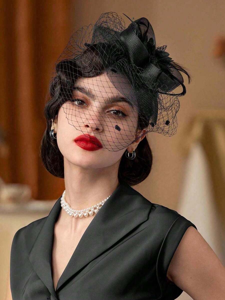 1 Stück vintage Braut Fascinateur Hut mit Schleier, elegant für Pferderennen, Karneval, Partys, natürliche Federn, ganzjährig