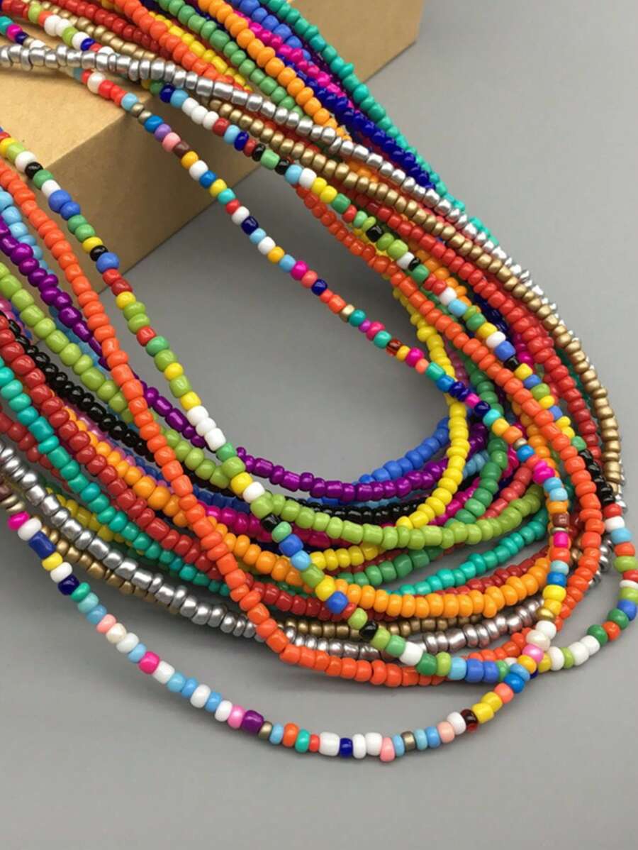 1pc Serotonin Asymmetrical Seed Bead Necklace, Rainbow Glass Beads On Steel Wire, Feminine Design