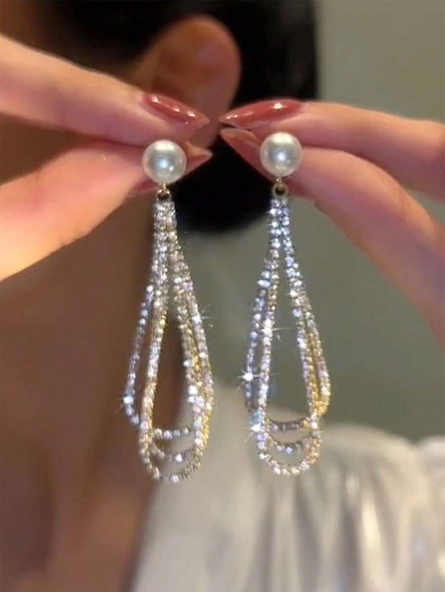 2 Pieces Of Exaggerated European And American Design With Long Diamond Water Drop Embedded Earrings For Women, Banquet And Wedding Gifts