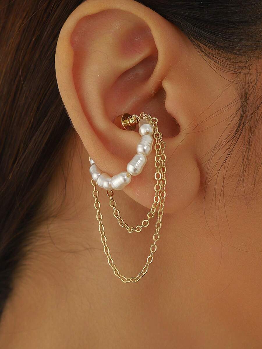 1pc Magnetic Pearl Tassel Clip-On Earrings, Stylish Bone Clip Ear Cuff, Suitable For Daily, Party, Music Festivals