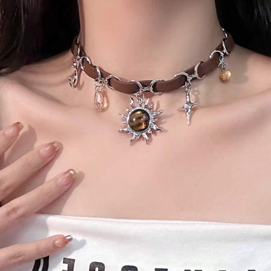 Meilade Star Moon Sun Pendant din piele Patchwork claviculă colier pentru femei la modă europeană și americană versatil minoritate dulce temperament gât