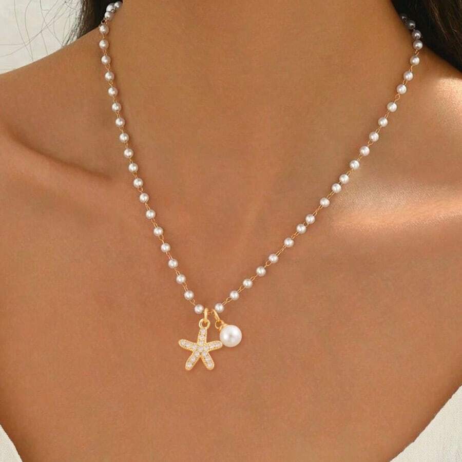 1pc Fashion Simple Multiple Styles Star Fish Conch Shell Pendants Faux Pearl Bead Chain Necklaces For Women Summer Beach Jewelry