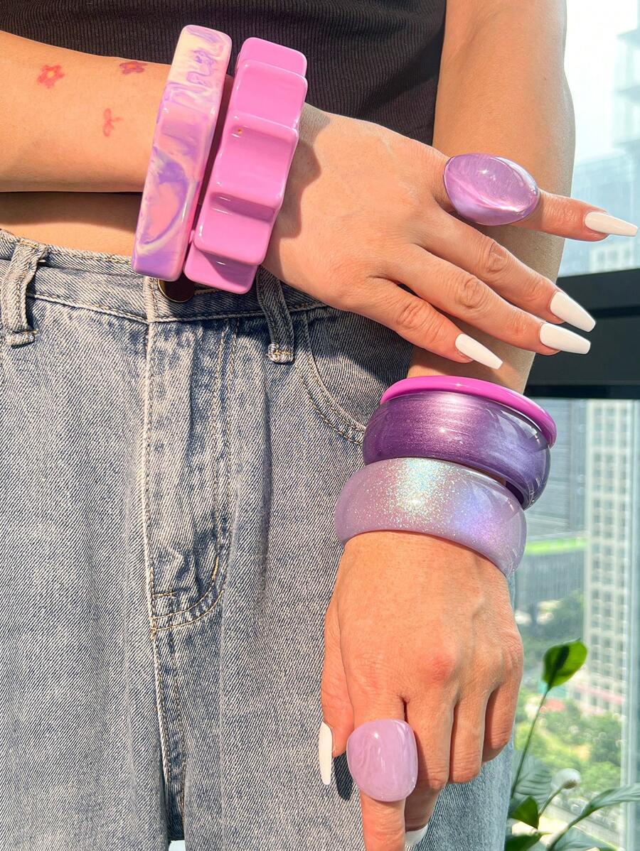 1pc Purple Pearlescent Asymmetrical Resin Bracelet, Lightweight & Durable Design Suitable For Daily Wear And Beach Parties, Versatile Accessory For All Seasons