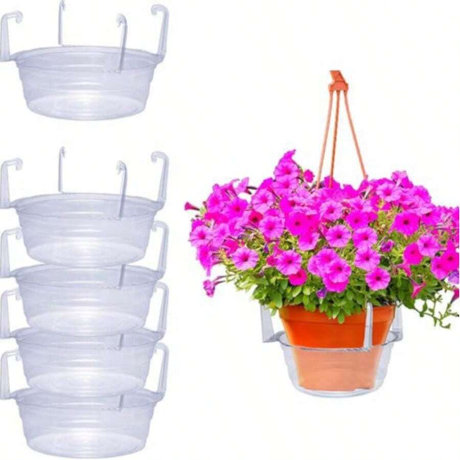 Hanging Plant Drip Tray | 5 Pieces Of Clear Plastic Flower Pots (With Hooks)| Round Pallets In A Variety Of Sizes, Can Be Used Both Indoors And Outdoors | Water Collection Function | Perfect For Flower Baskets And Pots | Garden Accessories, Hanging Plant Care | Built-In Hook | Practical Pots